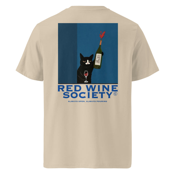 Red Wine Society Organic T-shirt featuring a playful cat design with a wine bottle and glass.
