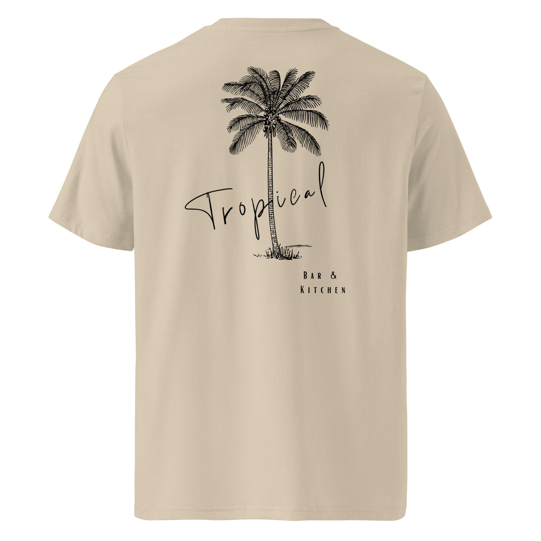 Tropical Bar & Kitchen Organic T-shirt with palm tree design on the back, made from 100% organic cotton.