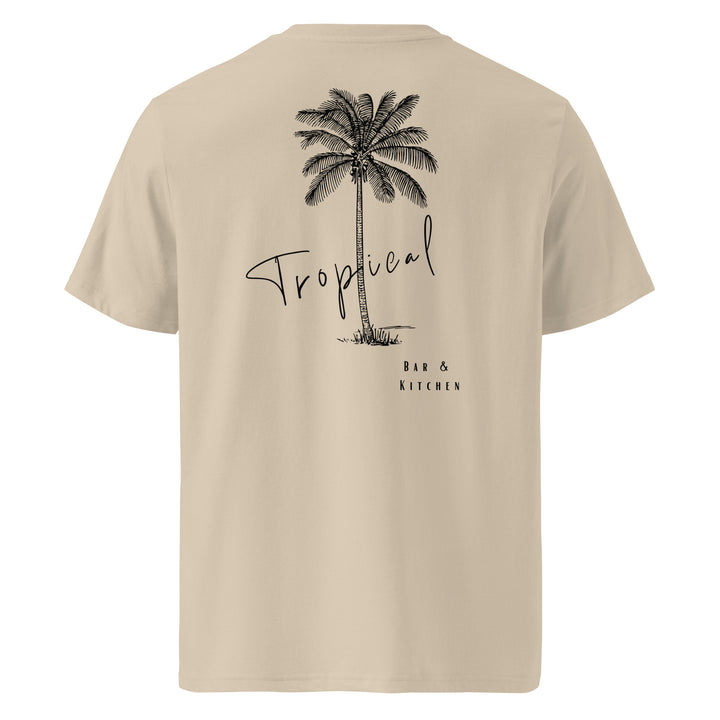 Tropical Bar & Kitchen Organic T-shirt with palm tree design on the back, made from 100% organic cotton.