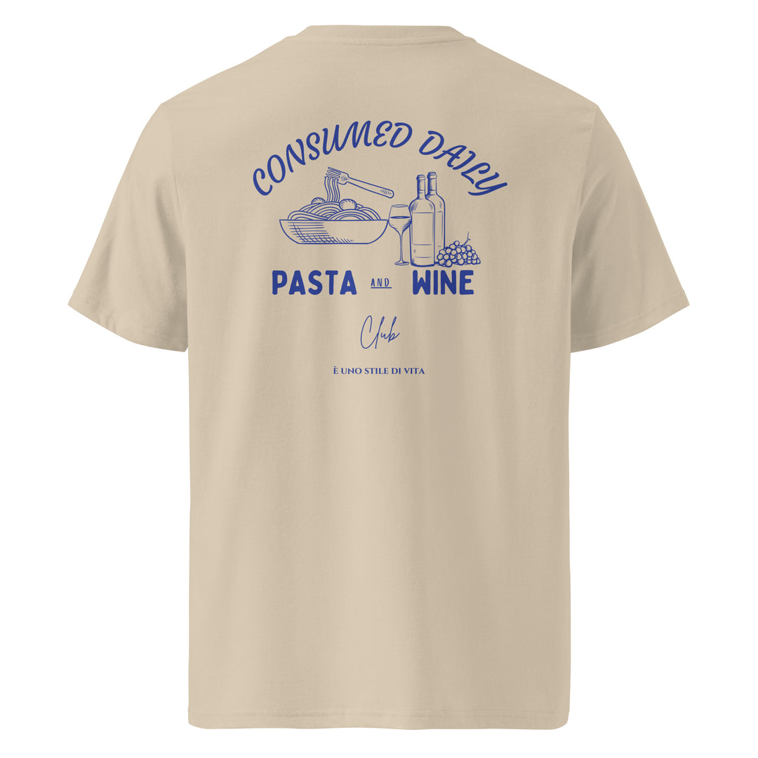 Pasta & Wine Club Organic T-shirt with 'Consumed Daily' graphic, featuring pasta and wine bottles on a beige background.
