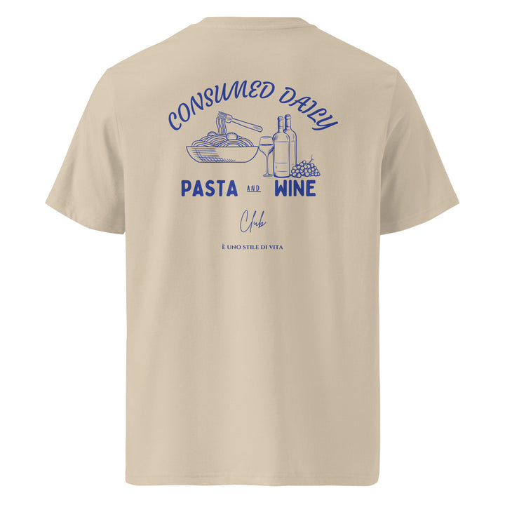 Pasta & Wine Club Organic T-shirt with 'Consumed Daily' graphic, featuring pasta and wine bottles on a beige background.