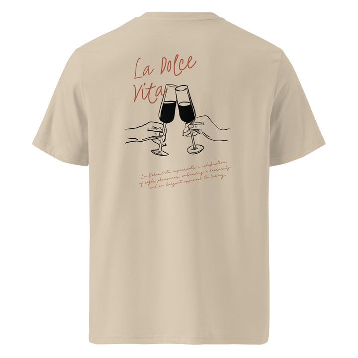 La Dolce Vita Organic T-shirt featuring a design with two hands toasting with champagne glasses.