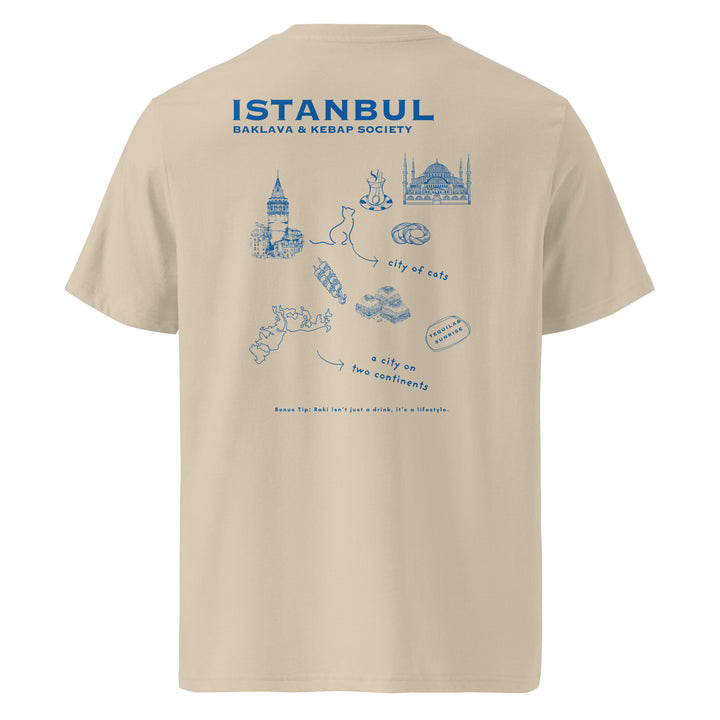 Istanbul Baklava & Kebab Society Organic T-shirt featuring city illustrations and eco-friendly design.