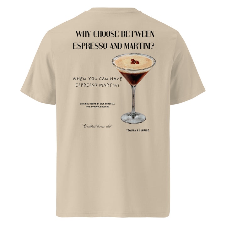 Espresso Martini Organic T-shirt featuring a humorous cocktail graphic on the back with eco-friendly cotton material.