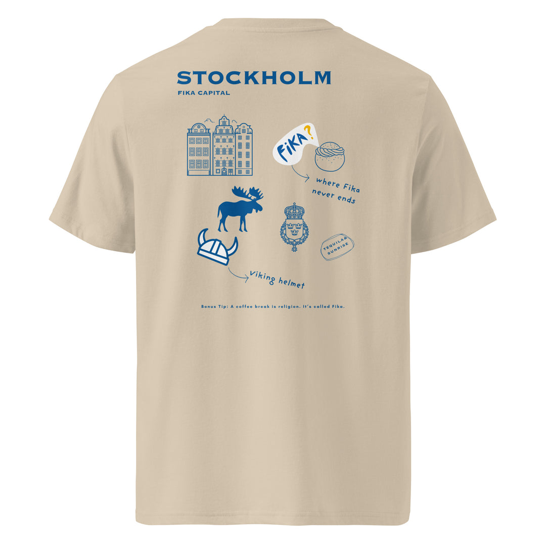 Stockholm Archipelago Society Organic T-shirt featuring Fika capital graphics on a beige unisex tee.