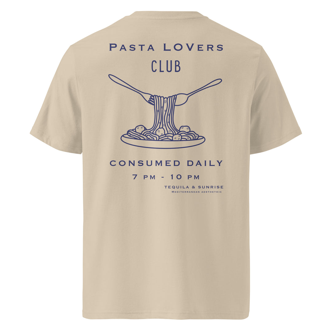 Pasta Lovers Club Organic T-shirt featuring spaghetti design and event details on the back.