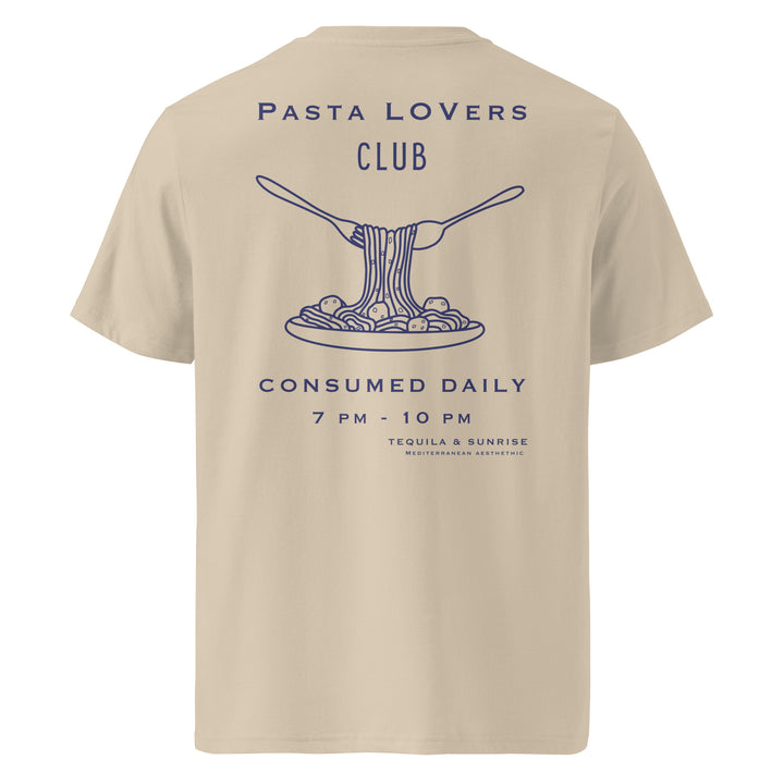 Pasta Lovers Club Organic T-shirt featuring spaghetti design and event details on the back.