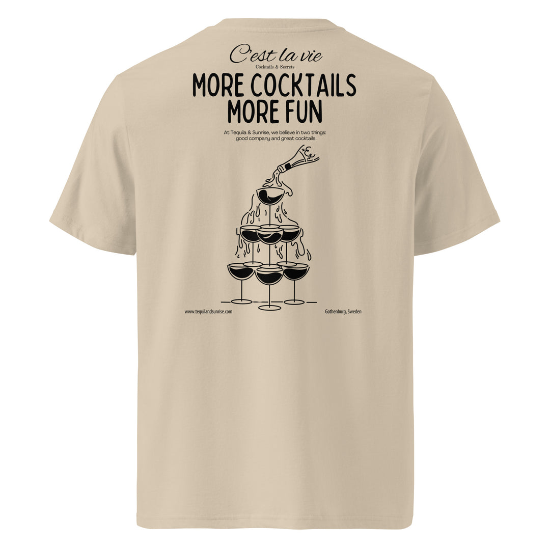 More Cocktails More Fun Organic T-shirt featuring cocktail graphic on beige back.