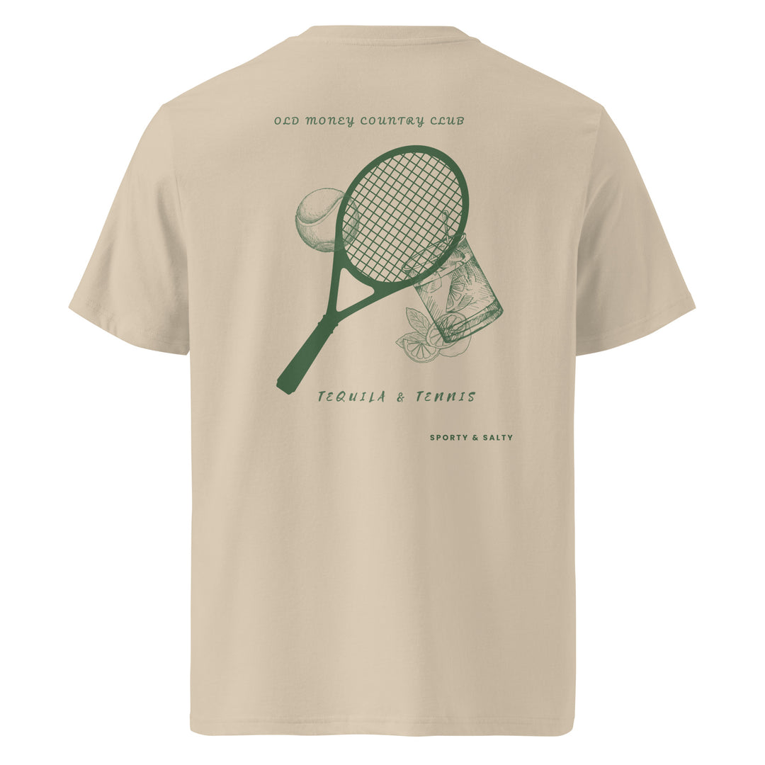 Sporty & Salty Organic T-shirt featuring a tennis racket and tequila design on a beige background.
