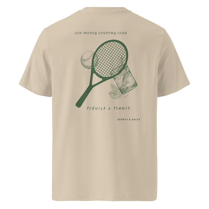 Sporty & Salty Organic T-shirt featuring a tennis racket and tequila design on a beige background.
