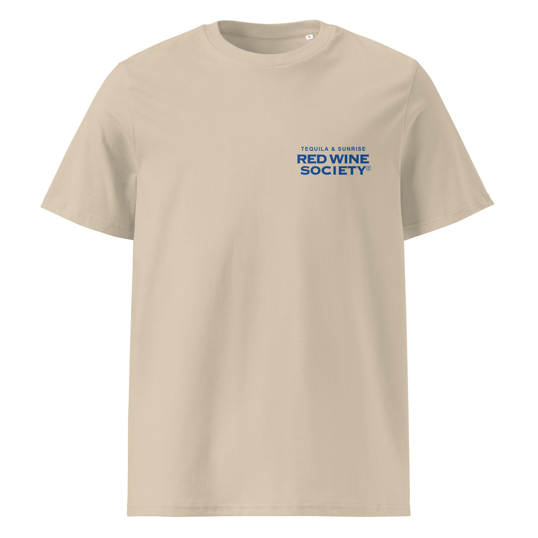Red Wine Society Organic T-shirt in beige with blue lettering and graphic design.