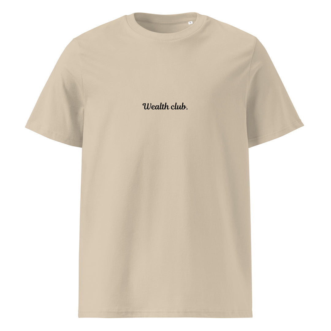 Wealth club. unisex t-shirt in beige color, high-quality and eco-friendly fabric, perfect for casual wear.