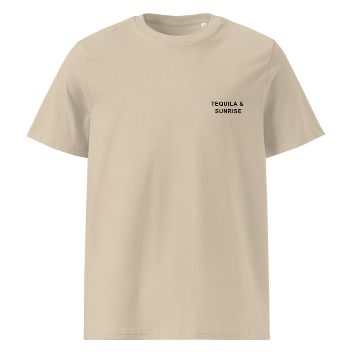 Tropical Bar & Kitchen Organic T-shirt in beige with 'Tequila & Sunrise' print on front.