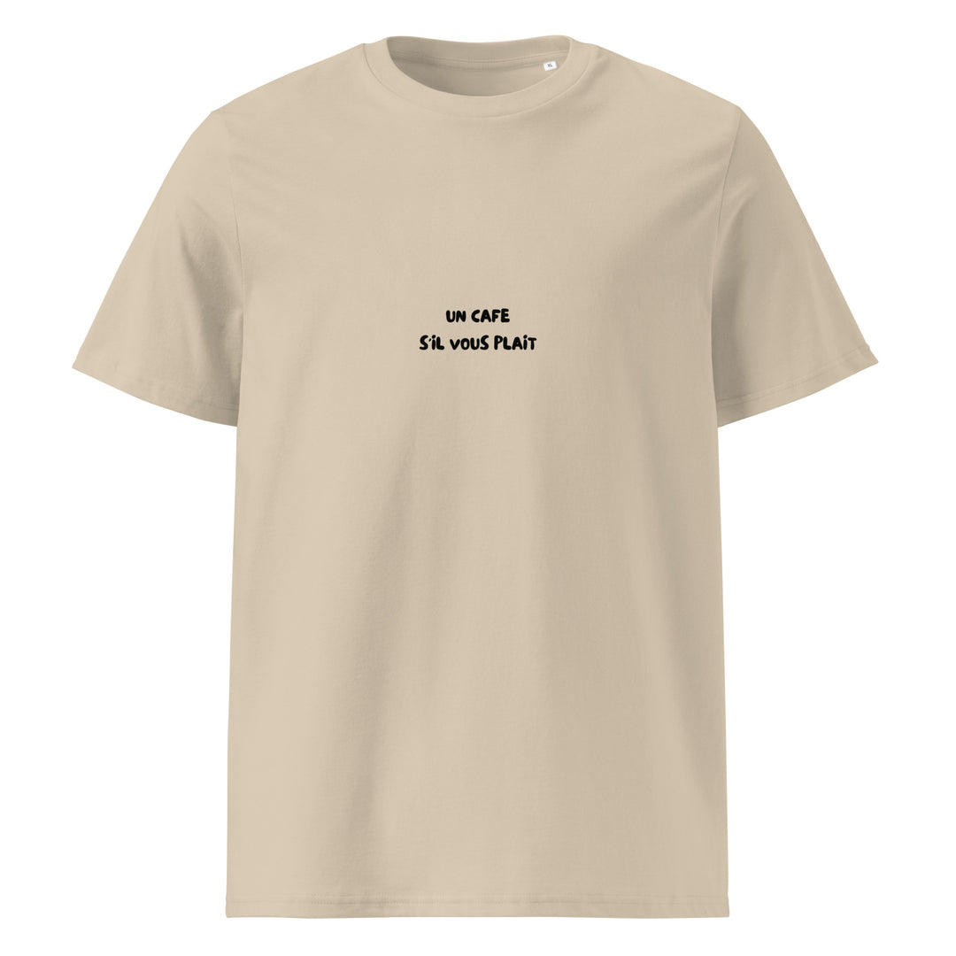 Un Cafe S'il Vous Plait Organic T-shirt in beige color featuring minimalist coffee-themed text.