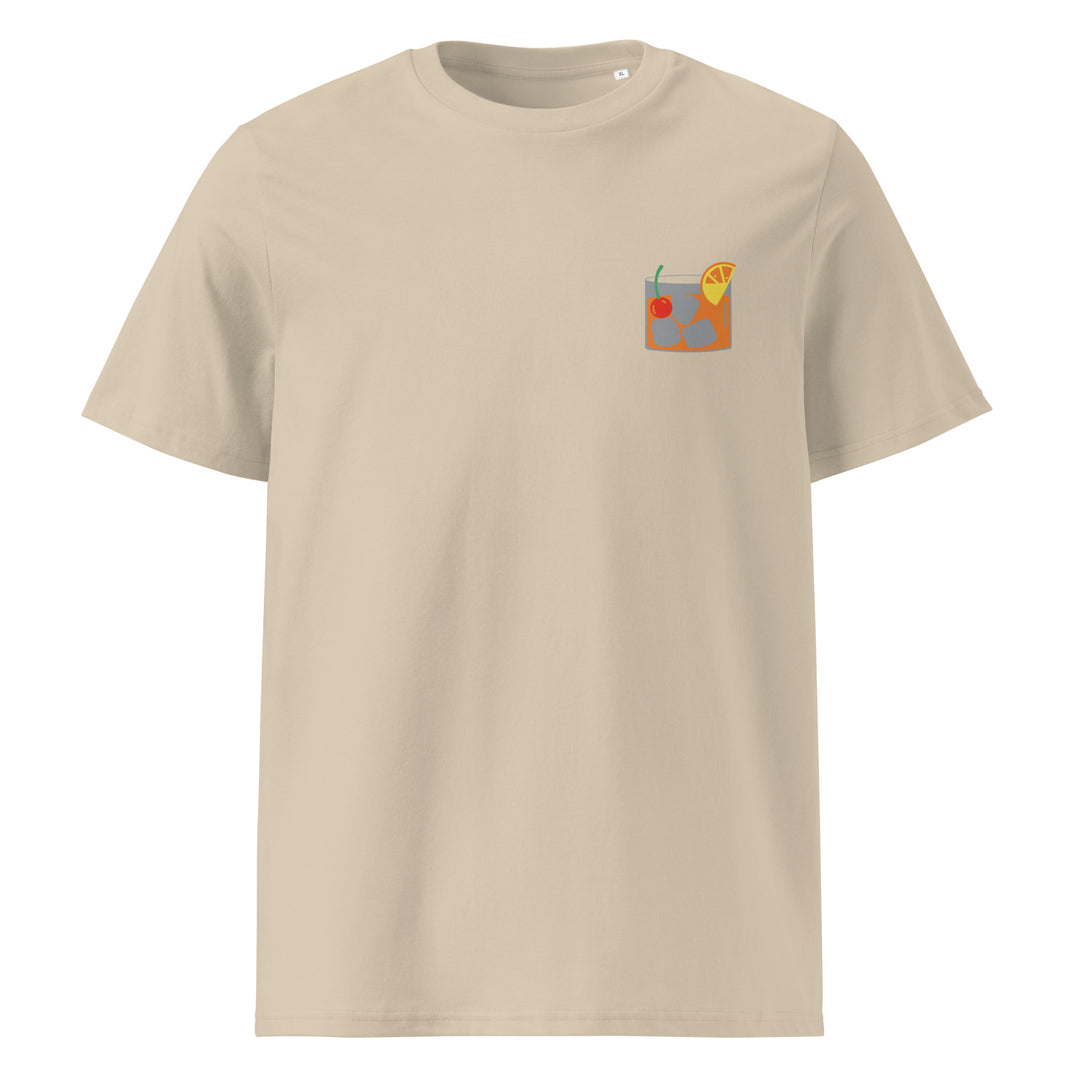 Old Fashioned Glass Organic T-shirt with colorful graphic on the pocket area