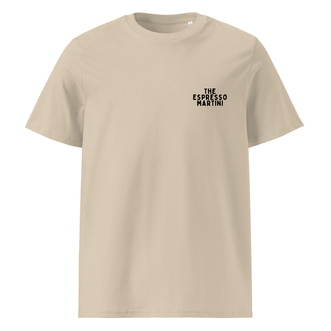 Espresso Martini Organic T-shirt in beige color with text design on the front.