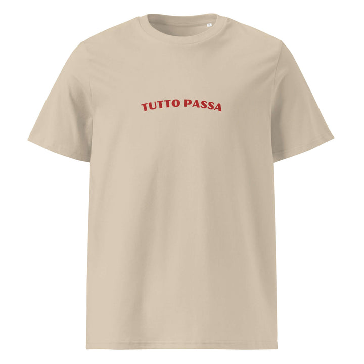 Beige t-shirt with 'TUTTO PASSA' text in red on a white background
