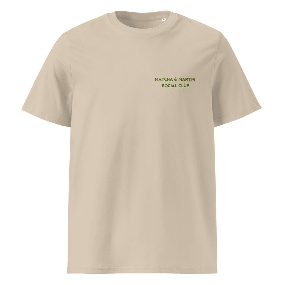 Beige t-shirt with text on a white background