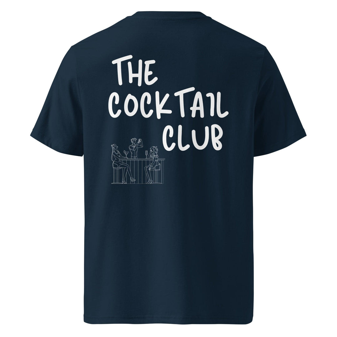 Navy blue unisex t-shirt named "The Cocktail Club Organic T-shirt" by Tequila & Sunrise, showcasing a minimalist line drawing of people seated at a bar with text. Made from organic cotton, it combines eco-friendly materials with style and sustainability for all.