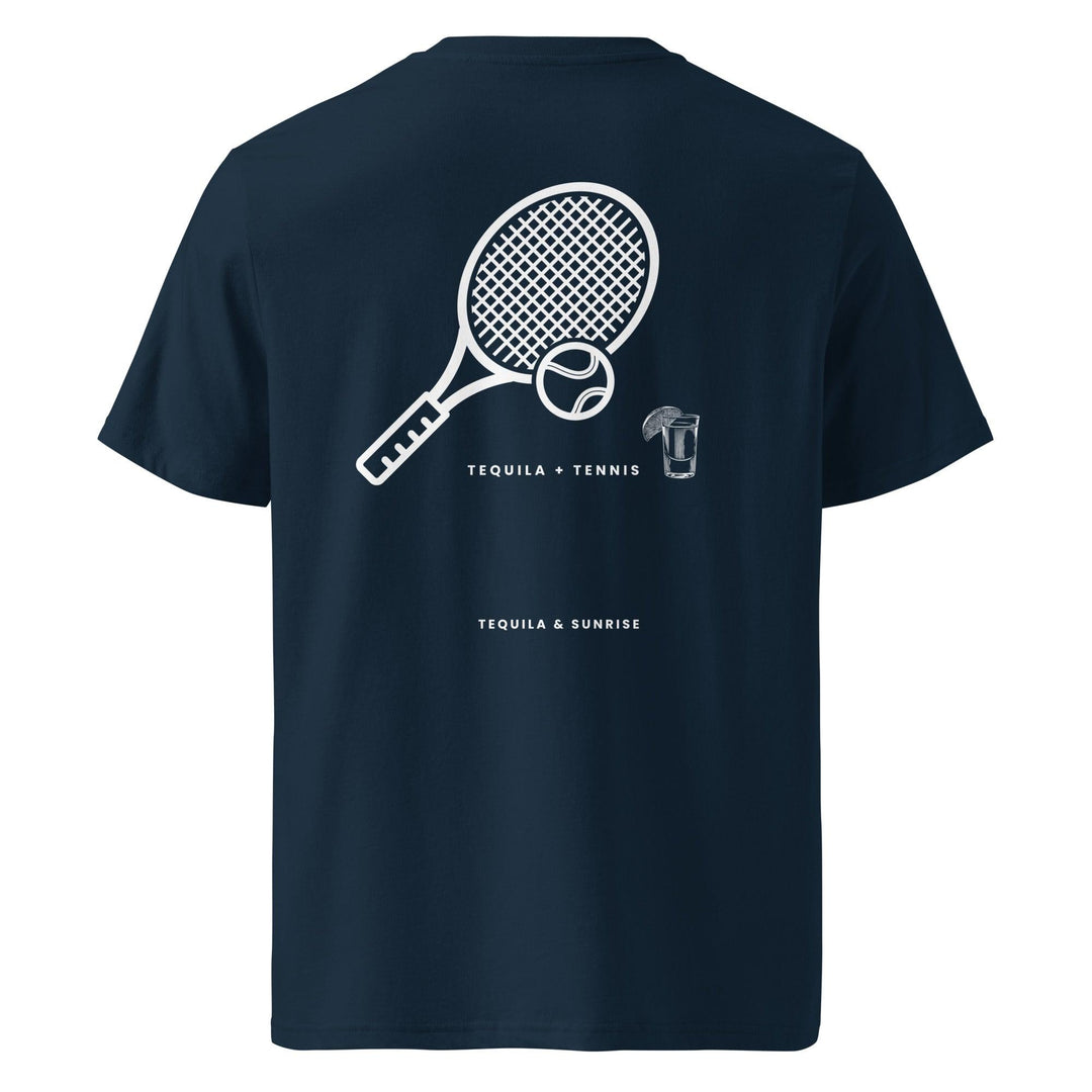 Introducing "The Tequila & Tennis Organic T-shirt" by Tequila & Sunrise—this unisex navy tee features a lively graphic of a tennis racket, ball, and tequila shot. Made from eco-friendly organic cotton, it combines playful style with sustainability, complete with the phrases "Tequila + Tennis" and "Tequila & Sunrise.