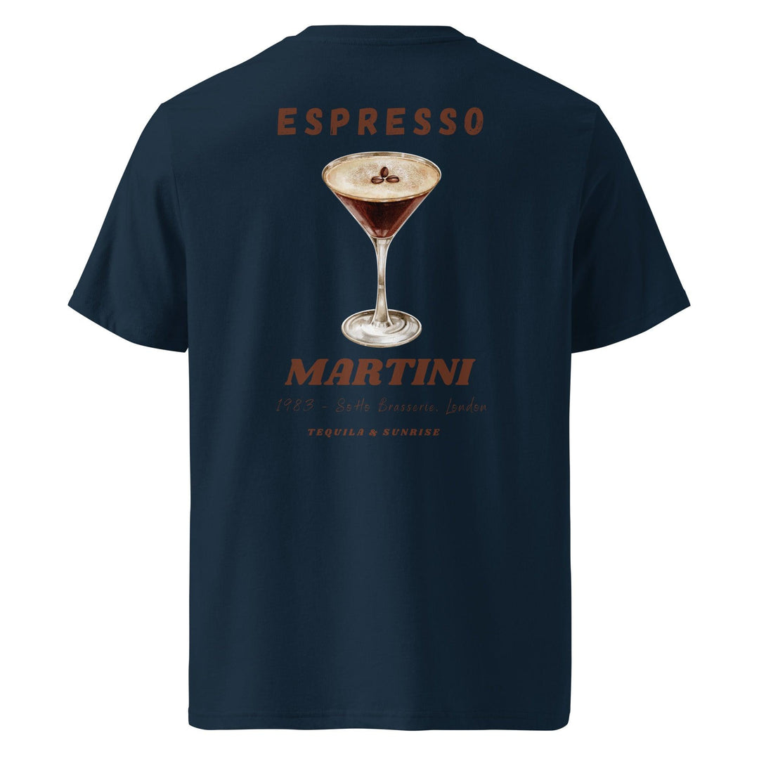 The Espresso Martini Organic T-shirt by Tequila & Sunrise is made from eco-friendly organic cotton in navy blue, featuring an espresso martini glass image and the text: Espresso Martini, 1923 - SoHo Brasserie, London.