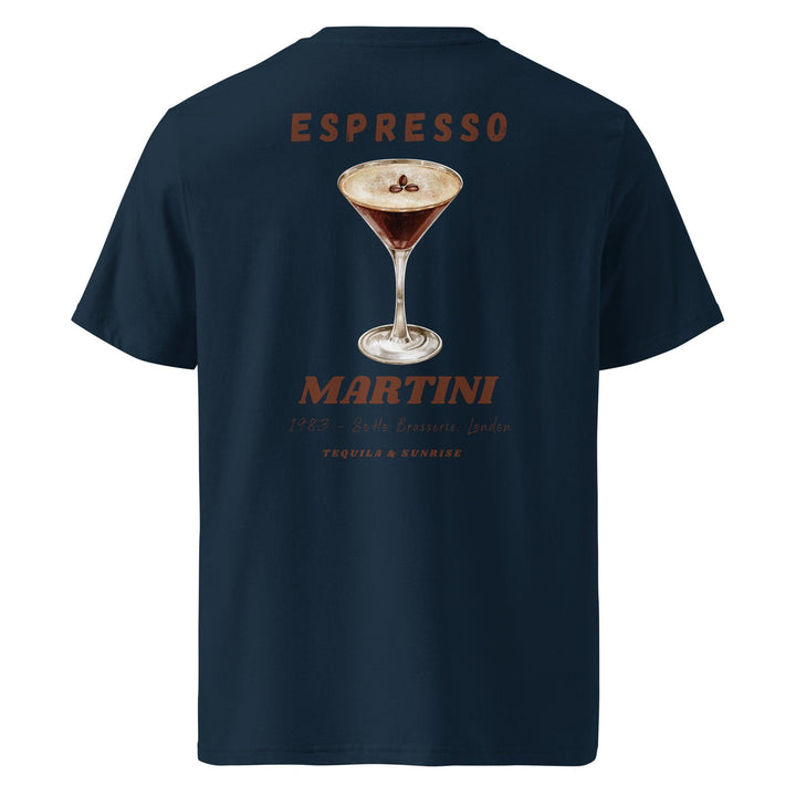 The Espresso Martini Organic T-shirt by Tequila & Sunrise is made from eco-friendly organic cotton in navy blue, featuring an espresso martini glass image and the text: Espresso Martini, 1923 - SoHo Brasserie, London.