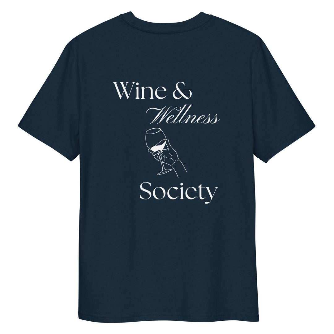 The Tequila & Sunrise Wine & Wellness Society Organic T-shirt, featuring a navy blue design with a white "Wine & Wellness Society" text and an illustration of a hand holding a wine glass, is ideal for those who value elegant wellness apparel.