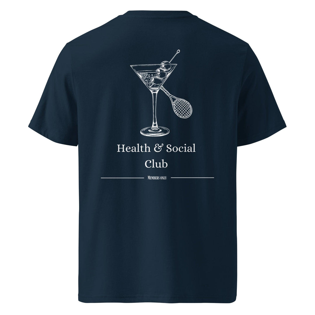 The Health & Social Club Organic T-shirt by Tequila & Sunrise features a navy blue design with a martini glass and tennis racket graphic, along with the text "Members Only." Choose this eco-friendly garment to embrace sustainable fashion.