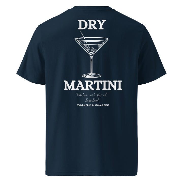 Introducing "The Dry Martini James Bond Quote Organic T-shirt" by Tequila & Sunrise: A navy blue organic cotton tee showcasing a martini glass graphic alongside the iconic text: DRY MARTINI, Shaken, not stirred—ideal for those who cherish eco-friendly fashion and admire James Bond.