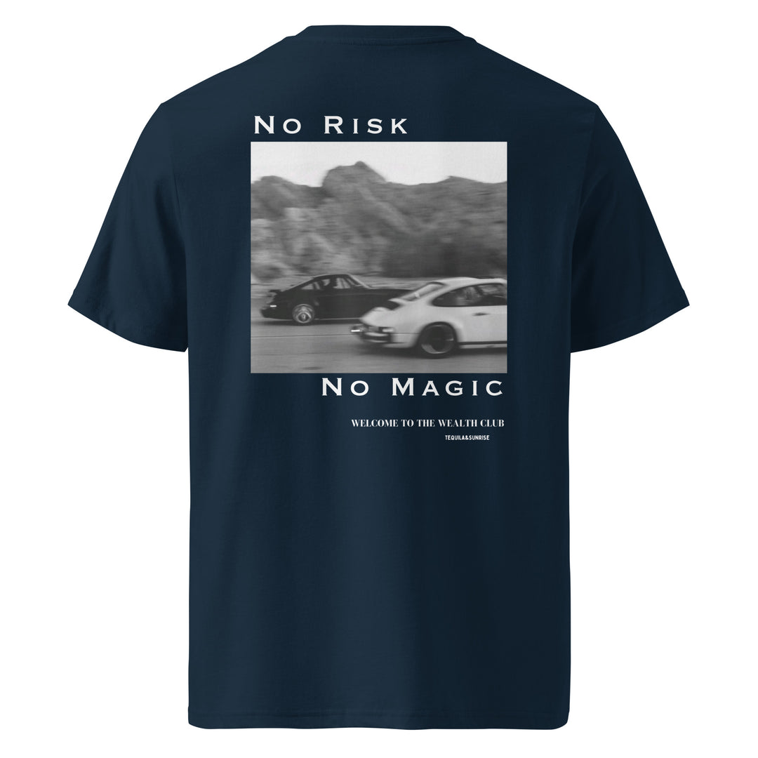 The No Risk No Magic Organic T-shirt by Tequila & Sunrise is a navy unisex fashion tee showcasing a black-and-white image of two racing cars alongside the text "No Risk No Magic." Made from organic cotton, it's an ideal choice for eco-friendly clothing collections. Welcome to the Wealth Club.