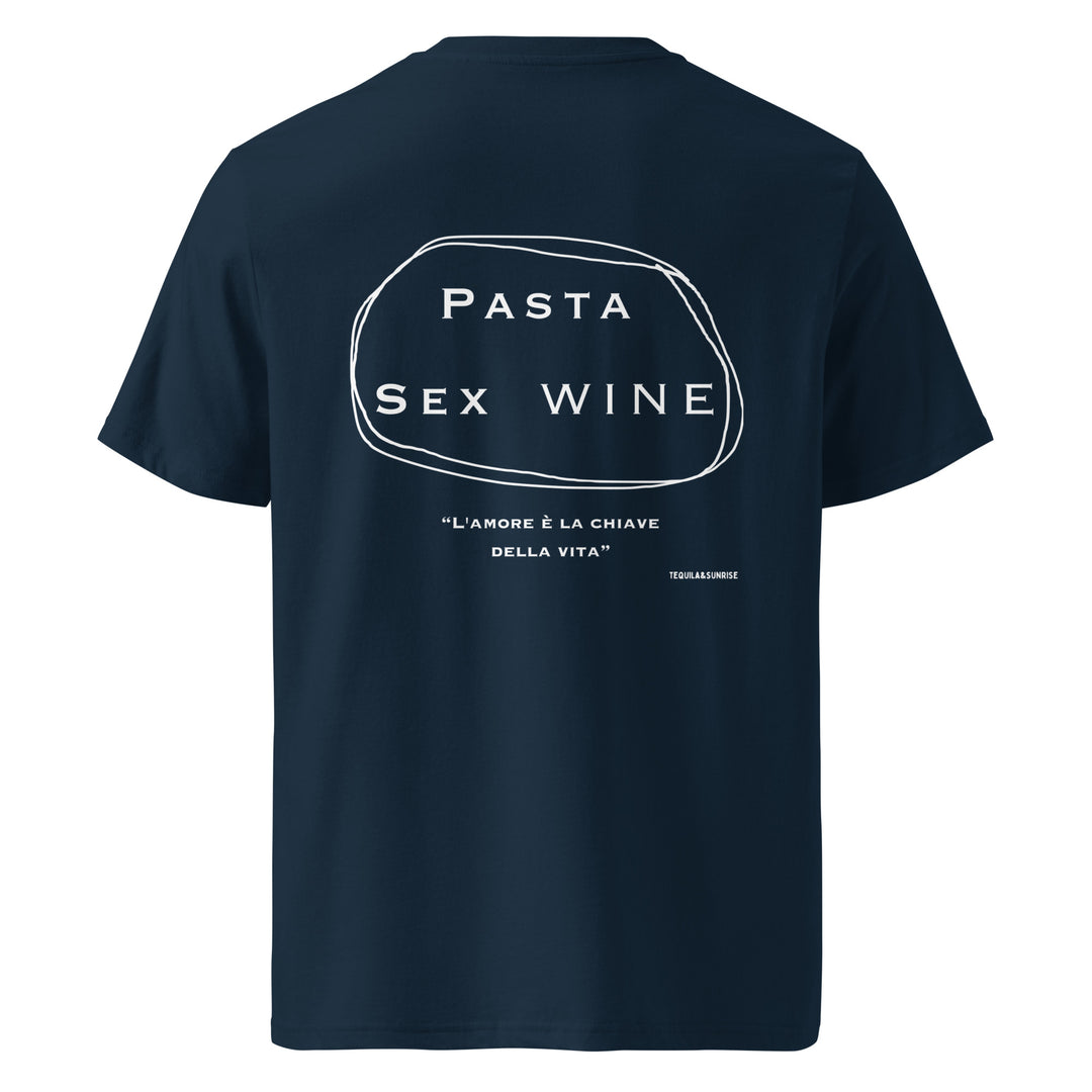 The Pasta & Sex & Wine Organic T-shirt by Tequila & Sunrise is crafted from organic cotton and showcases the white text: PASTA SEX WINE, surrounded by an embroidered Italian phrase, L'AMORE È LA CHIAVE DELLA VITA. Embrace stylish, eco-friendly apparel that delivers a meaningful message.