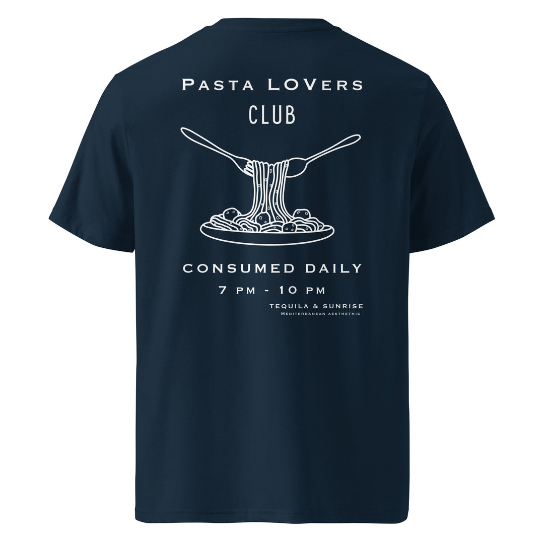 Introducing the navy unisex T-shirt from Tequila & Sunrise, known as The Pasta Lovers Club Organic T-shirt. It showcases a graphic of a forkful of pasta with the text "Consumed Daily 7 PM - 10 PM" and "Tequila & Sunrise Mediterranean Nutrition" below. Crafted from eco-friendly, organic ring-spun cotton, this shirt combines comfort with sustainability.