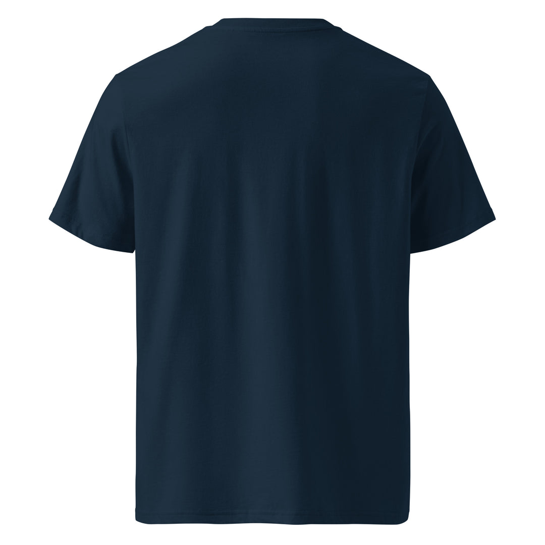 The back view highlights The La Vita Mediterranea Organic T-shirt by Tequila & Sunrise, featuring a plain navy blue design crafted from organic cotton, perfectly embodying an eco-friendly take on the Mediterranean lifestyle.