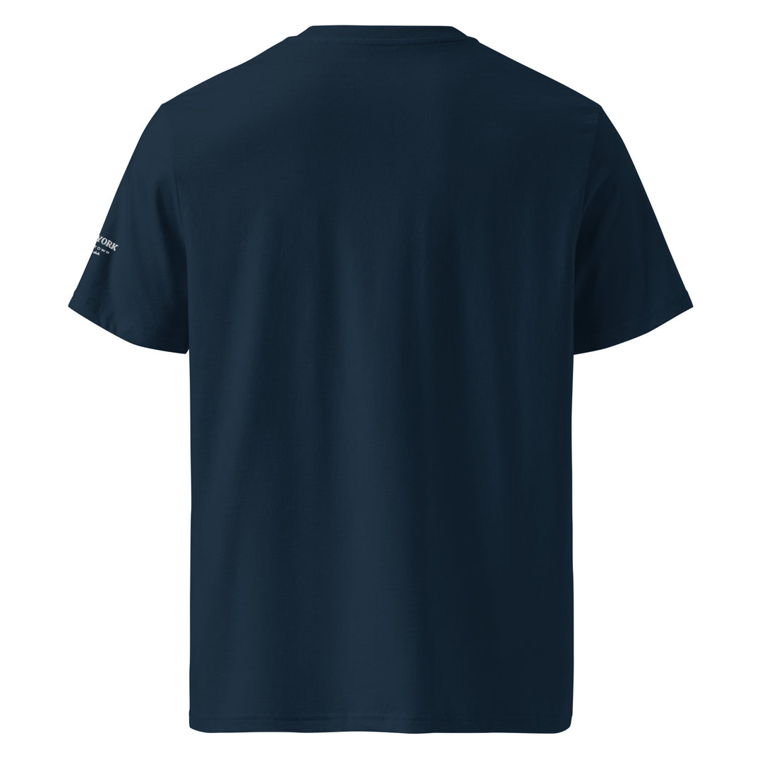 Back view of Tequila & Sunrise's The New York Downtown Athletic Club Organic T-shirt in plain, dark blue with short sleeves, featuring a small logo on the left sleeve. This eco-friendly unisex t-shirt is crafted from organic cotton, providing a medium fit that blends comfort with sustainability.