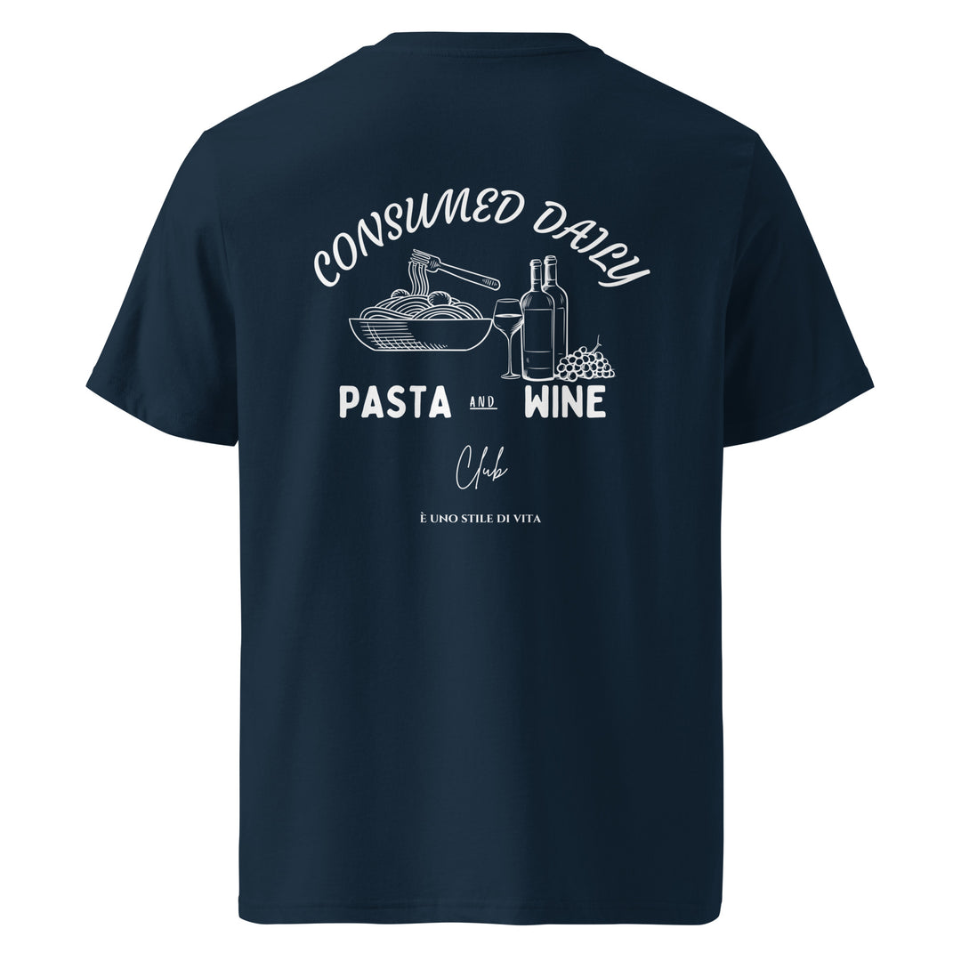 Introducing "The Pasta & Wine Club Organic T-shirt" by Tequila & Sunrise—a stylish unisex navy blue T-shirt made from organic cotton. It features white text and illustrations saying "Consumed Daily Pasta and Wine," along with images of a pasta bowl, wine bottle, and wine glass. Experience eco-friendly fashion at its finest!