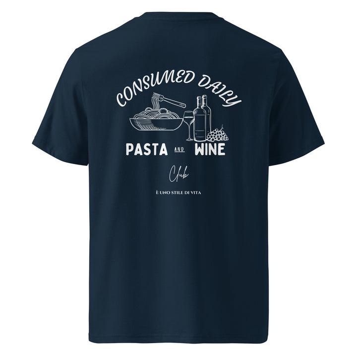 Introducing "The Pasta & Wine Club Organic T-shirt" by Tequila & Sunrise—a stylish unisex navy blue T-shirt made from organic cotton. It features white text and illustrations saying "Consumed Daily Pasta and Wine," along with images of a pasta bowl, wine bottle, and wine glass. Experience eco-friendly fashion at its finest!