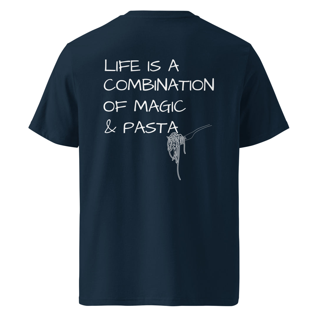 The Magic & Pasta Organic T-shirt by Tequila & Sunrise is a unisex navy blue shirt made from eco-friendly organic cotton, showcasing the amusing text "Life is a combination of magic & pasta" with a whimsical drawing of pasta on a fork.