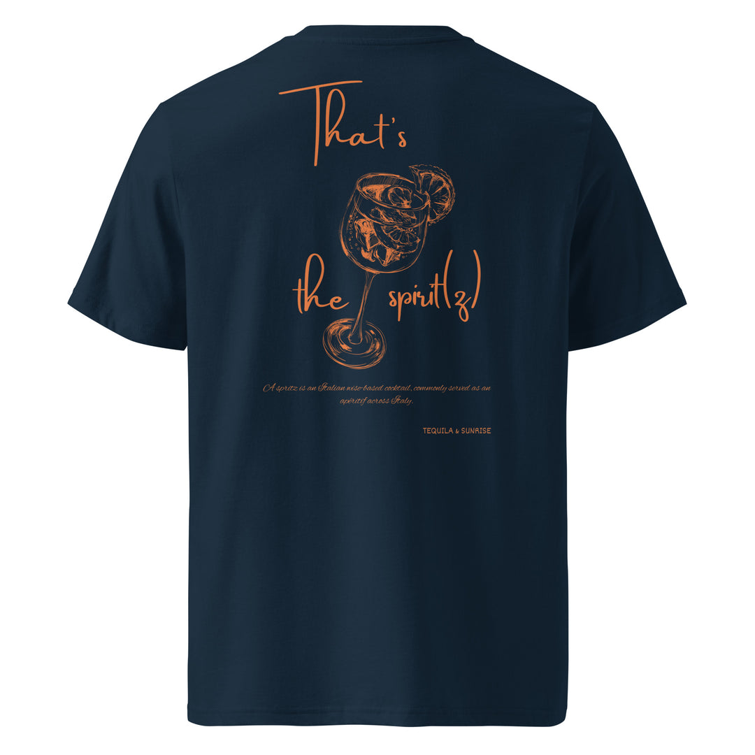 The "That's the Spirit(z)" Organic T-shirt by Tequila & Sunrise is a navy blue unisex top crafted from organic cotton, adorned with "That's the spritz!" in vibrant orange text and a playful cocktail illustration on the back.