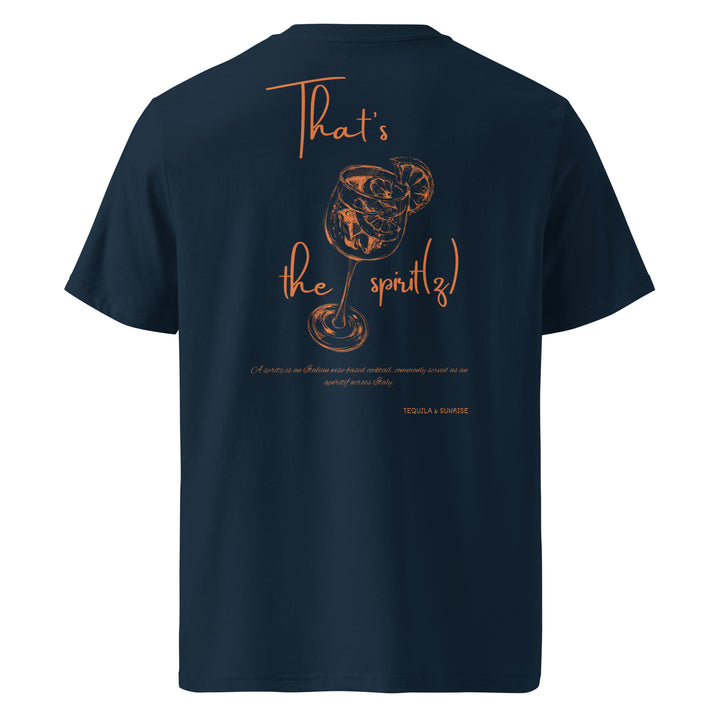 The "That's the Spirit(z)" Organic T-shirt by Tequila & Sunrise is a navy blue unisex top crafted from organic cotton, adorned with "That's the spritz!" in vibrant orange text and a playful cocktail illustration on the back.