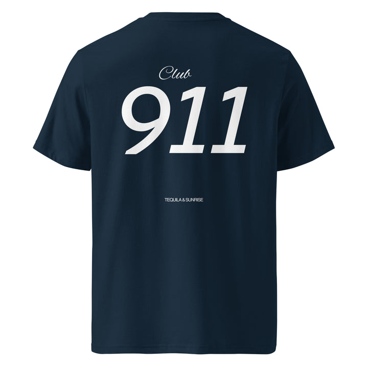 The Porsche Club 911 Organic T-shirt by Tequila & Sunrise is ideal for Porsche enthusiasts. Crafted from dark blue organic cotton, it prominently displays "Club 911" in bold white letters with "Tequila & Sunrise" elegantly printed beneath, providing a blend of style and eco-friendly comfort.