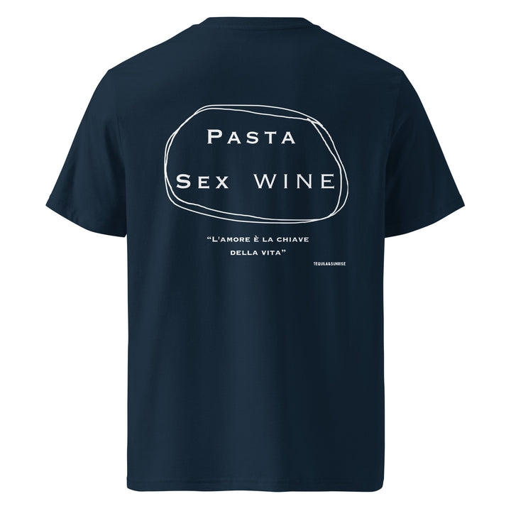 Pasta & Sex & Wine Organic T-shirt featuring a stylish design and Italian quote on a navy background.