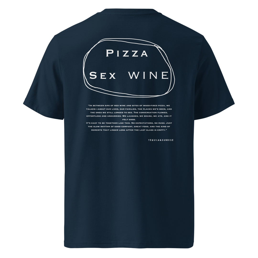 Pizza & Sex & Wine Organic T-shirt back design showcasing fun graphic and humorous text on navy cotton fabric.