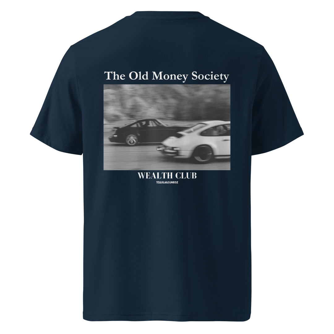 Old Money Society Organic T-shirt featuring vintage car graphic and Wealth Club text on the back.