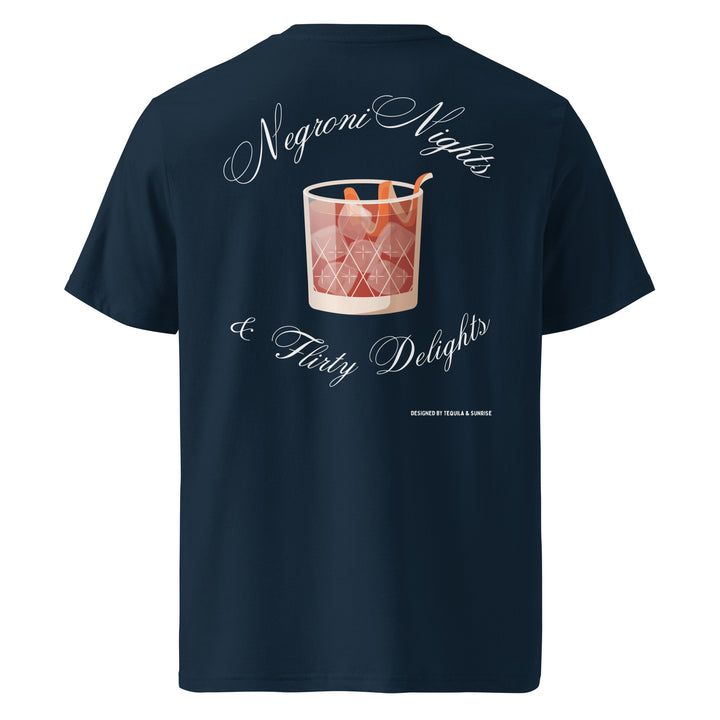 Negroni Nights & Flirty Delights Organic T-shirt featuring a stylish glass illustration on a navy blue background.