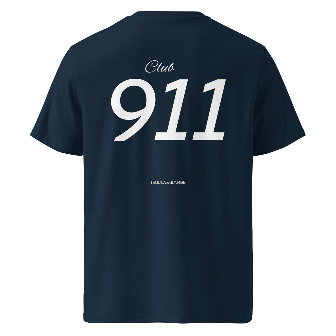 Porsche Club 911 Organic T-shirt back design featuring 'Club 911' text on navy fabric for car enthusiasts.