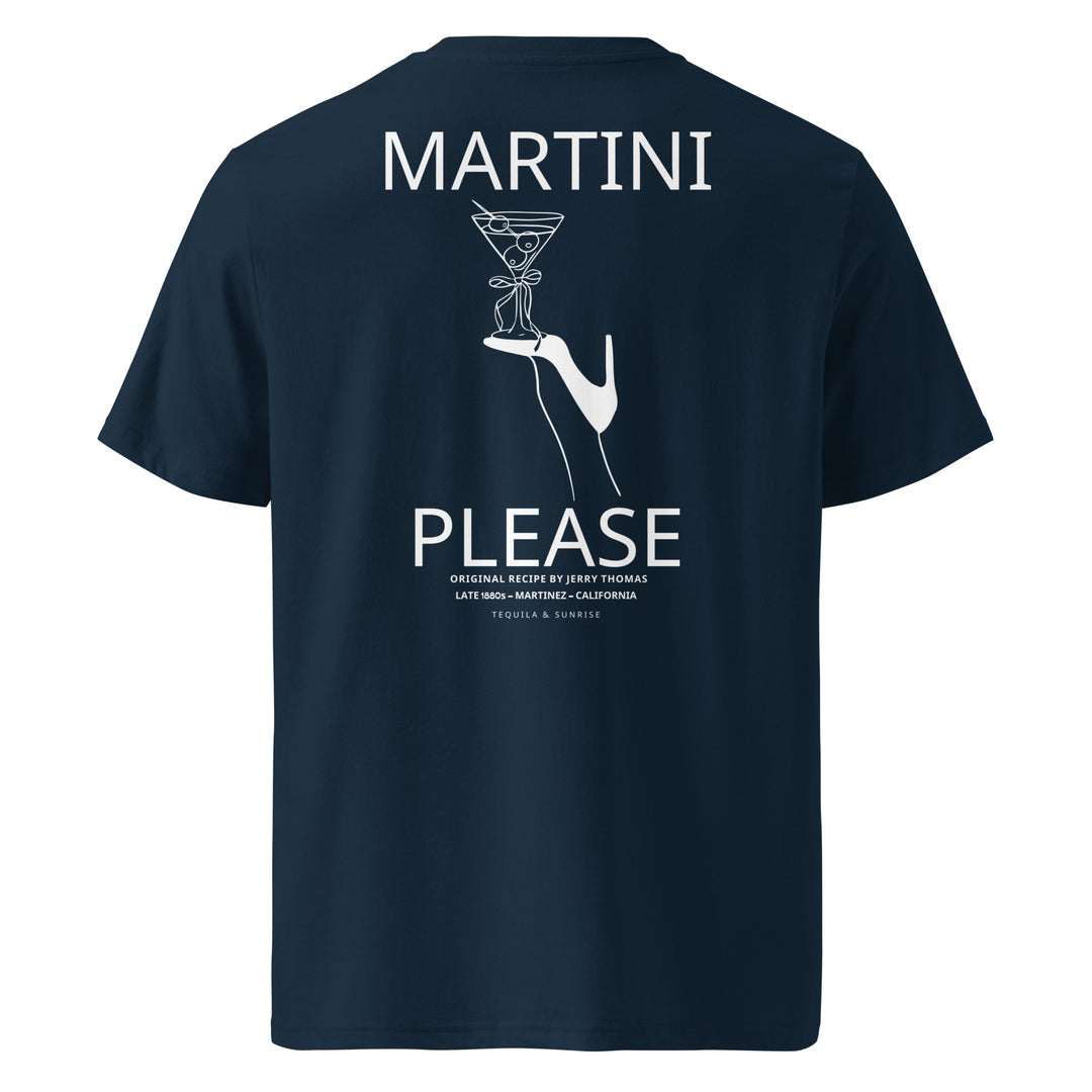 Martini Please Organic T-shirt featuring an elegant cocktail design on the back, perfect for cocktail lovers.