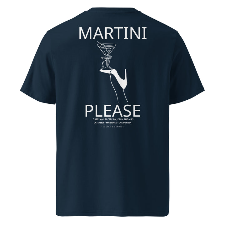 Martini Please Organic T-shirt featuring an elegant cocktail design on the back, perfect for cocktail lovers.