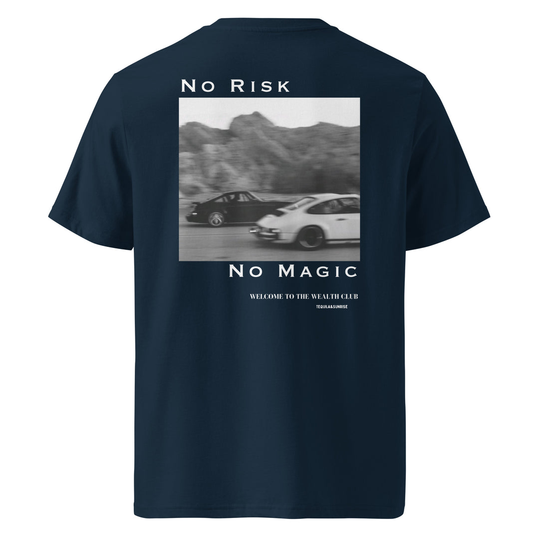 No Risk No Magic Organic T-shirt featuring vintage car graphic on back, part of the Wealth Club collection.