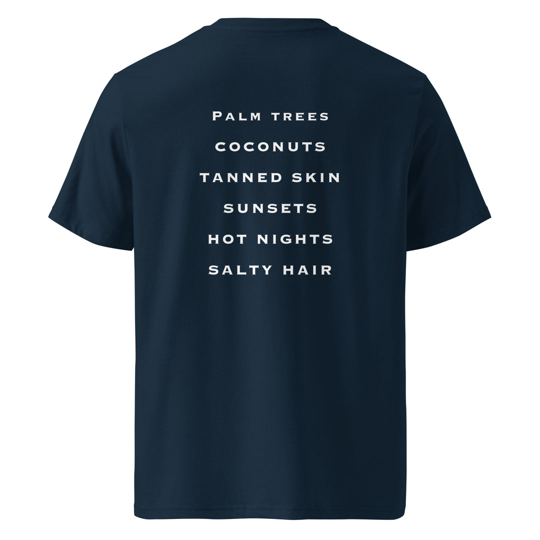 Summer Nights Organic T-shirt featuring palm trees, coconuts, tanned skin, sunsets, hot nights, and salty hair design.