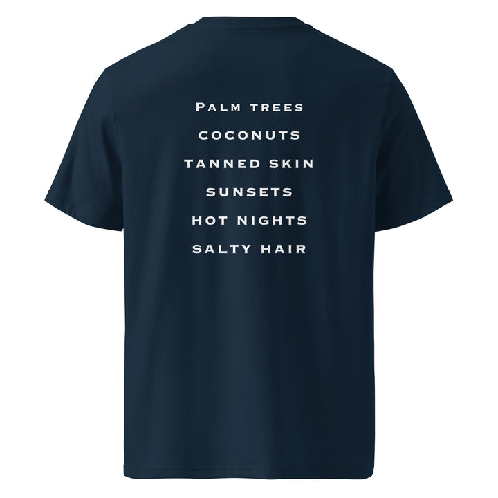 Summer Nights Organic T-shirt featuring palm trees, coconuts, tanned skin, sunsets, hot nights, and salty hair design.